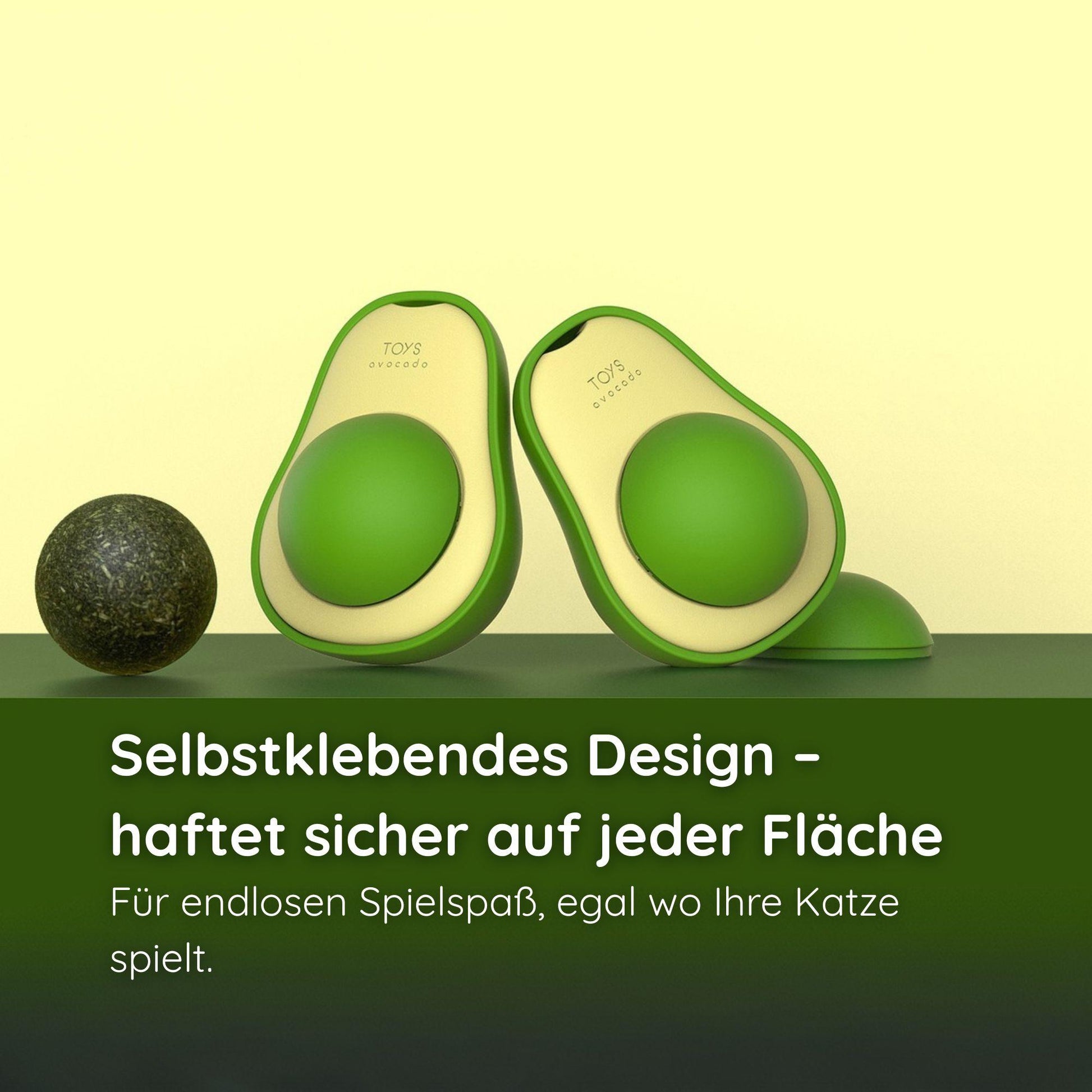 Avocado Katzenminze-Ball mit selbstklebendem Design – haftet sicher auf jeder Fläche für endlosen Spielspaß.