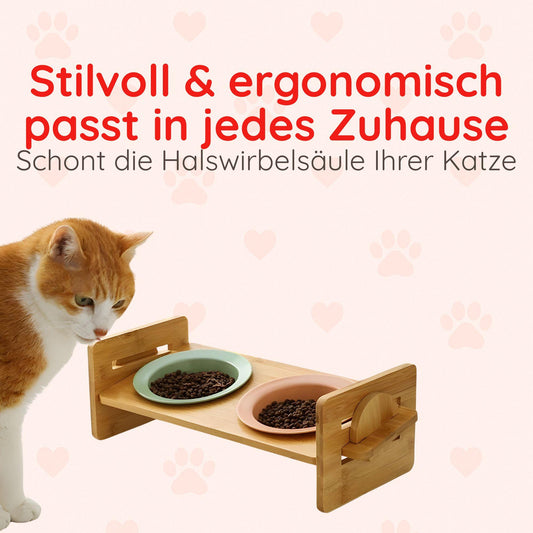 Erhöhter Bambus Keramik Futternapf für Katzen & kleine Hunde Happy Little Paws