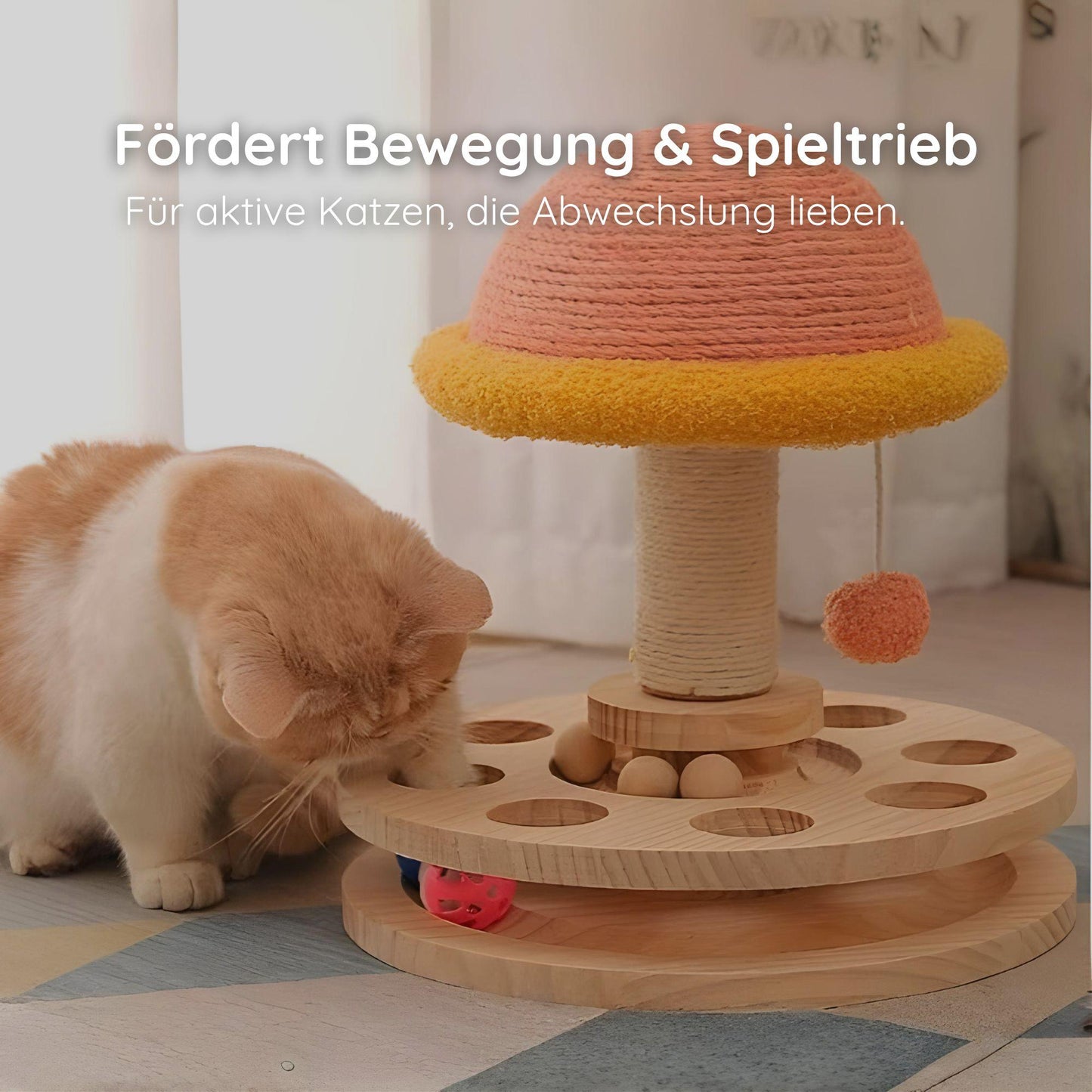 Interaktives Katzen-Holzspielzeug mit drehbarer Kratzsäule und Spielbällen – natürlich, langlebig & ideal zur Krallenpflege