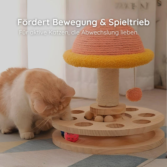 Interaktives Katzen-Holzspielzeug mit drehbarer Kratzsäule und Spielbällen – natürlich, langlebig & ideal zur Krallenpflege