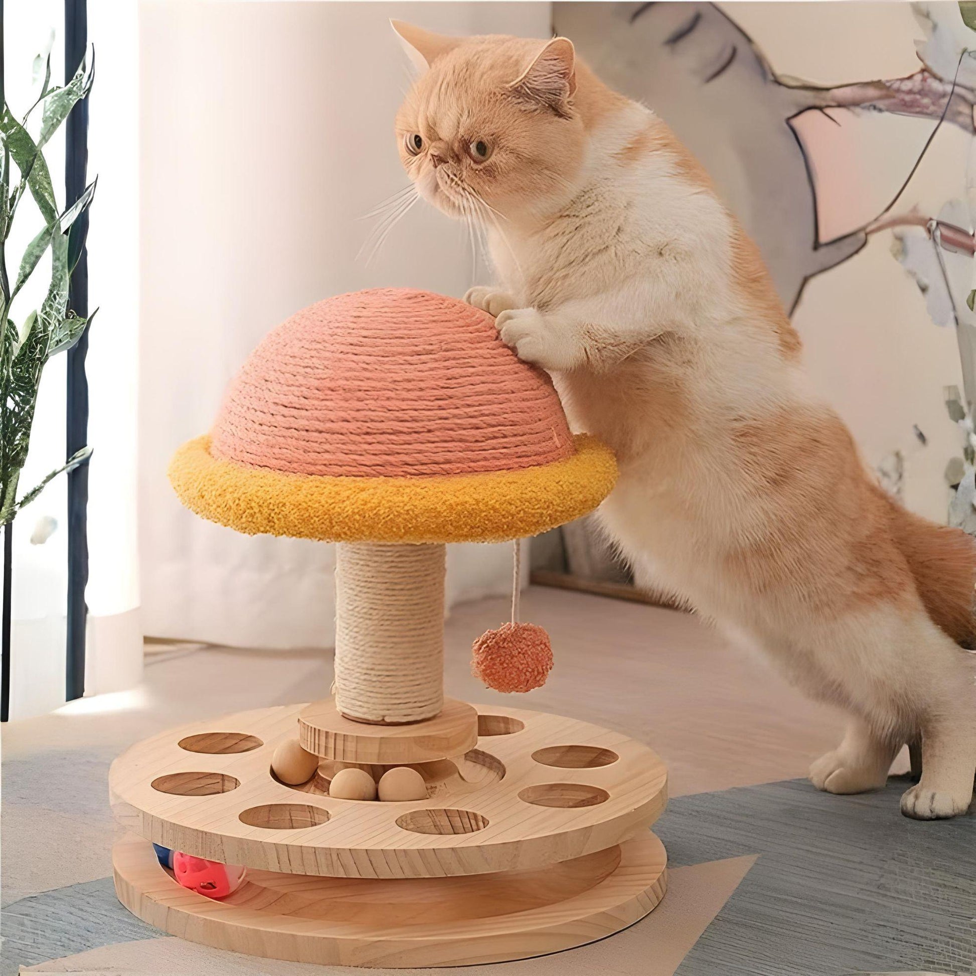 Interaktives Katzen-Holzspielzeug mit drehbarer Kratzsäule und Spielbällen – natürlich, langlebig & ideal zur Krallenpflege