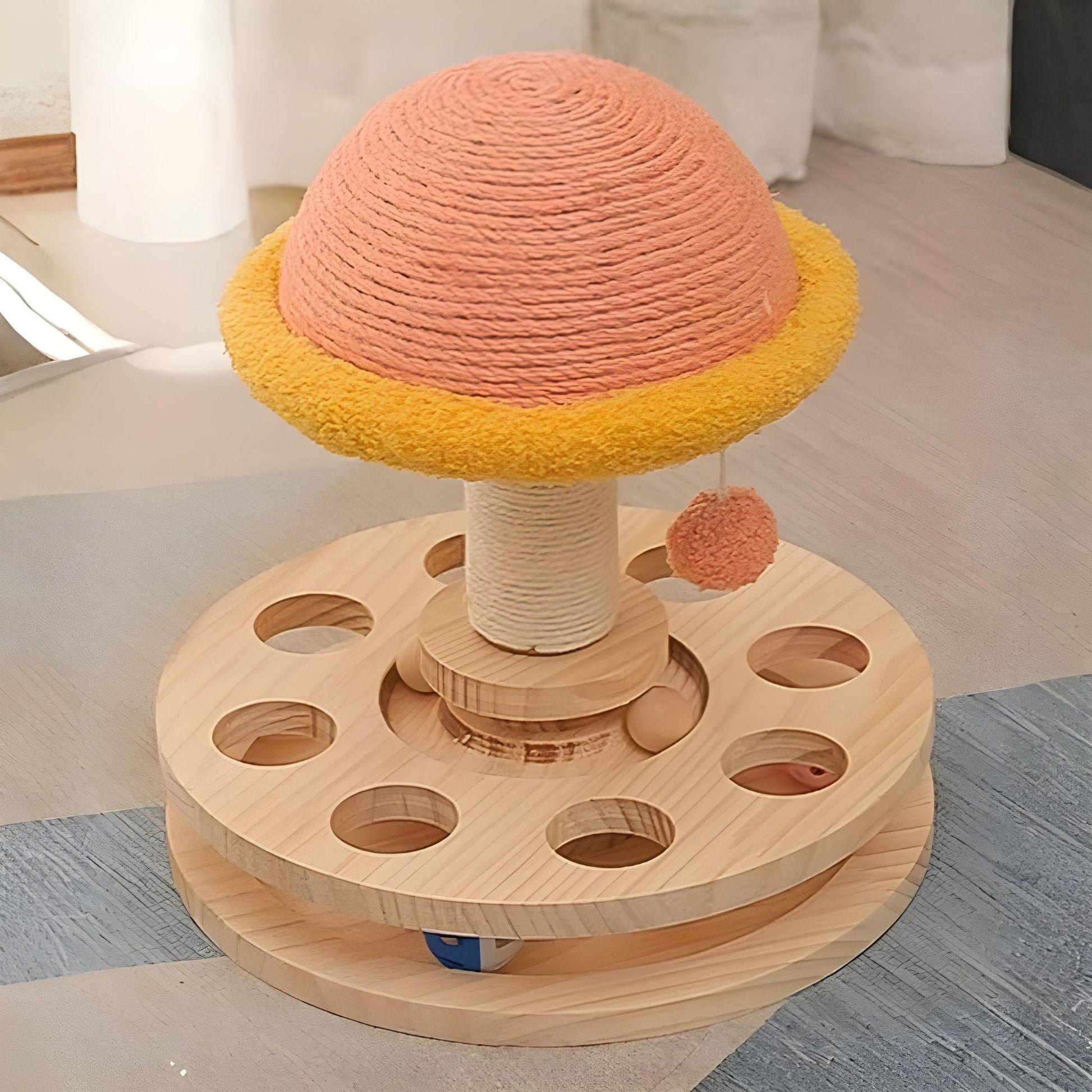 Interaktives Katzen-Holzspielzeug mit drehbarer Kratzsäule und Spielbällen – natürlich, langlebig & ideal zur Krallenpflege