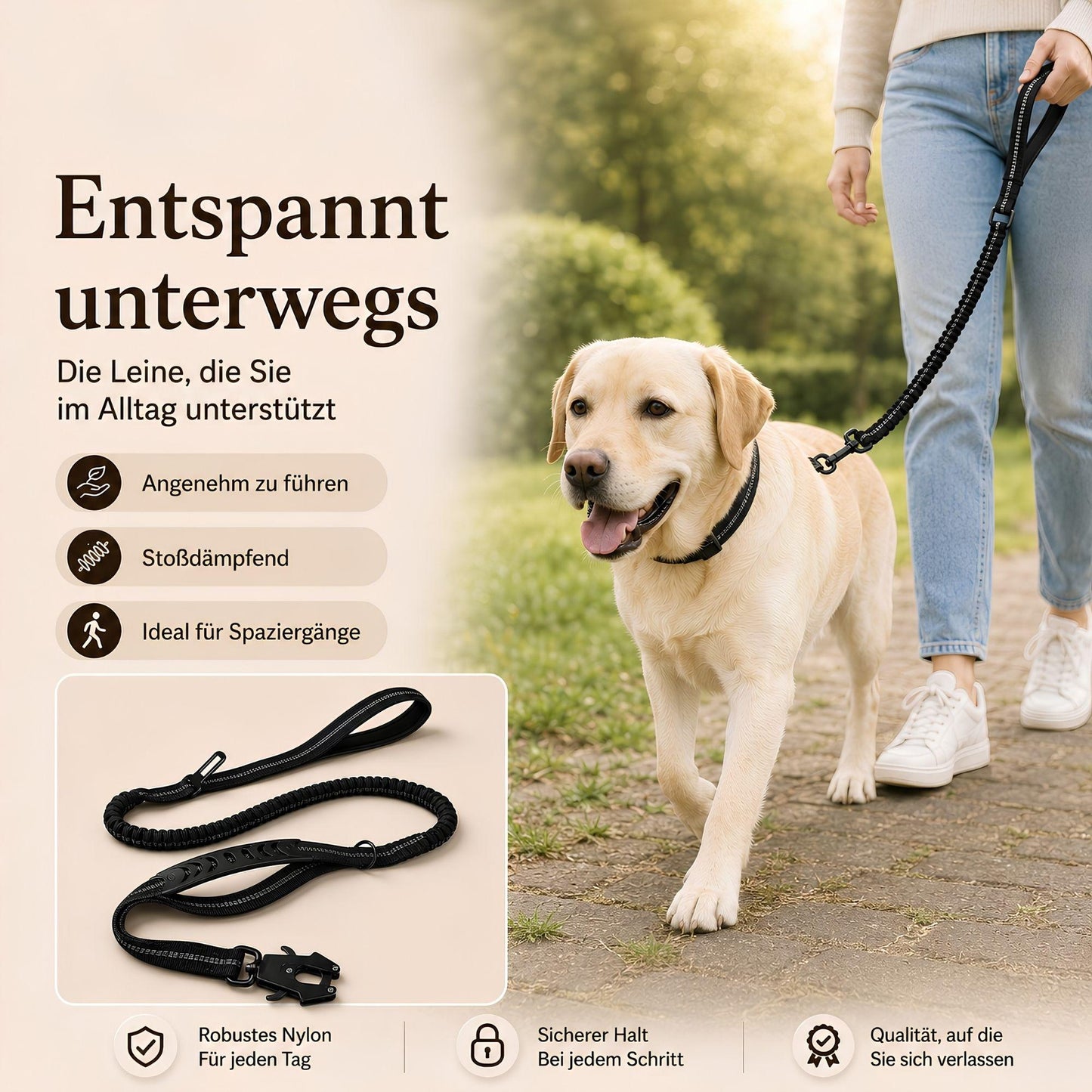 Reflektierende Bungee-Hundeleine mit Auto-Gurtadapter