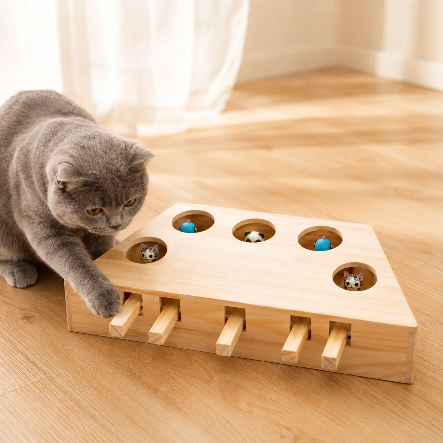 Interactive Wooden Cat Play Box
