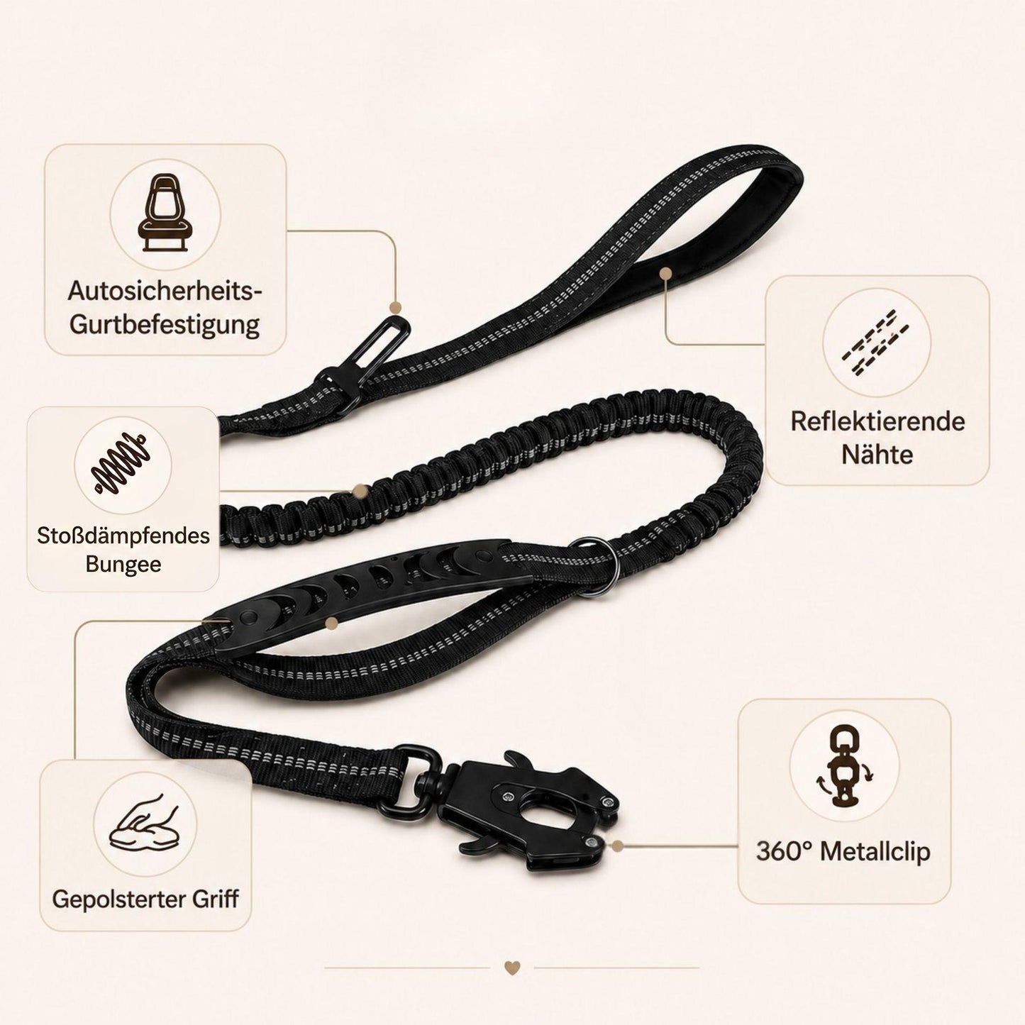 Reflektierende Bungee-Hundeleine mit Auto-Gurtadapter