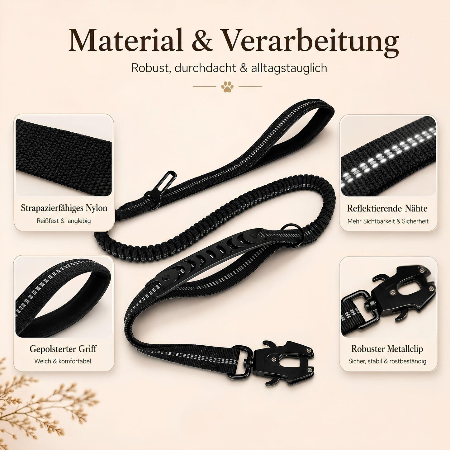 Reflektierende Bungee-Hundeleine mit Auto-Gurtadapter