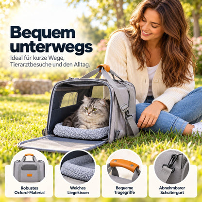Faltbare Katzentransporttasche von Happy Little Paws, Produktabbildung mit Details