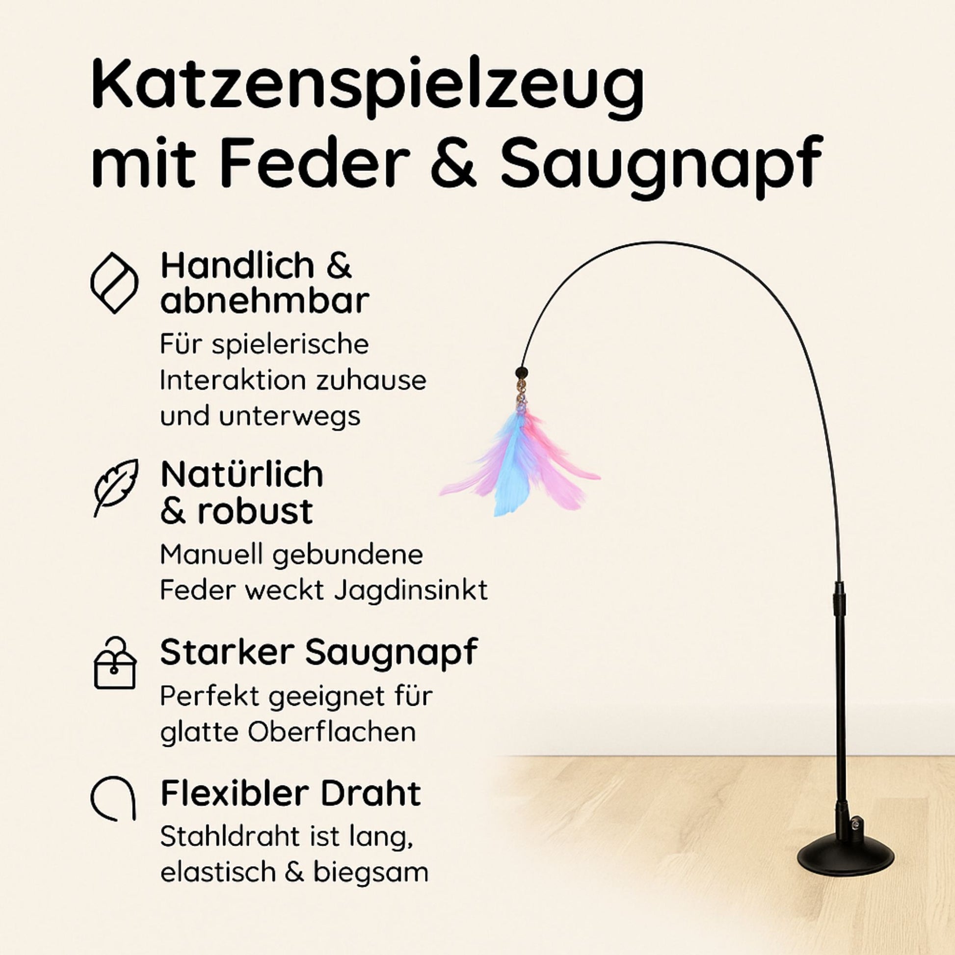 Interaktive Katzenangel mit Feder und Saugnapf – Spielzeug für Katzen zum Spielen und Jagen