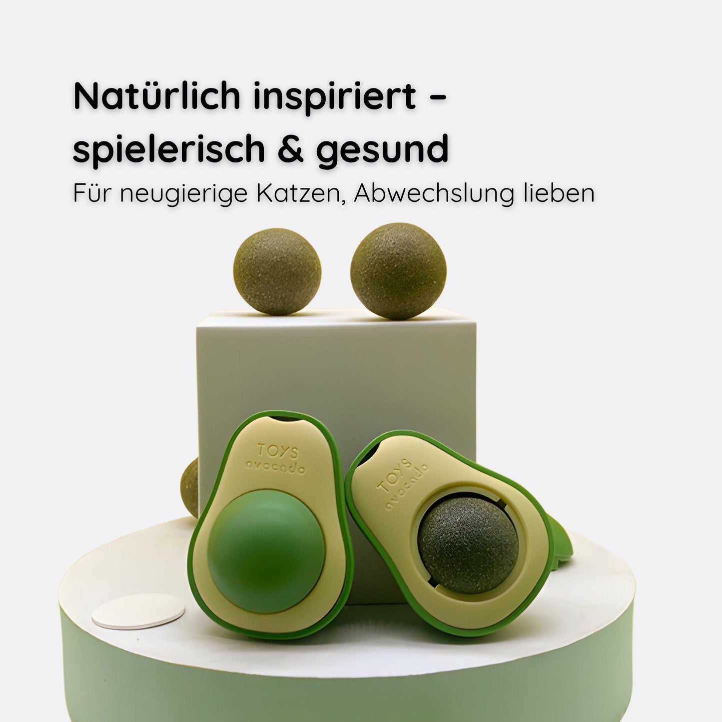 Avocado Katzenminze-Ball mit selbstklebendem Design – haftet sicher auf jeder Fläche für endlosen Spielspaß.