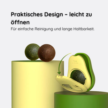 Avocado Katzenminze-Ball mit selbstklebendem Design – haftet sicher auf jeder Fläche für endlosen Spielspaß.