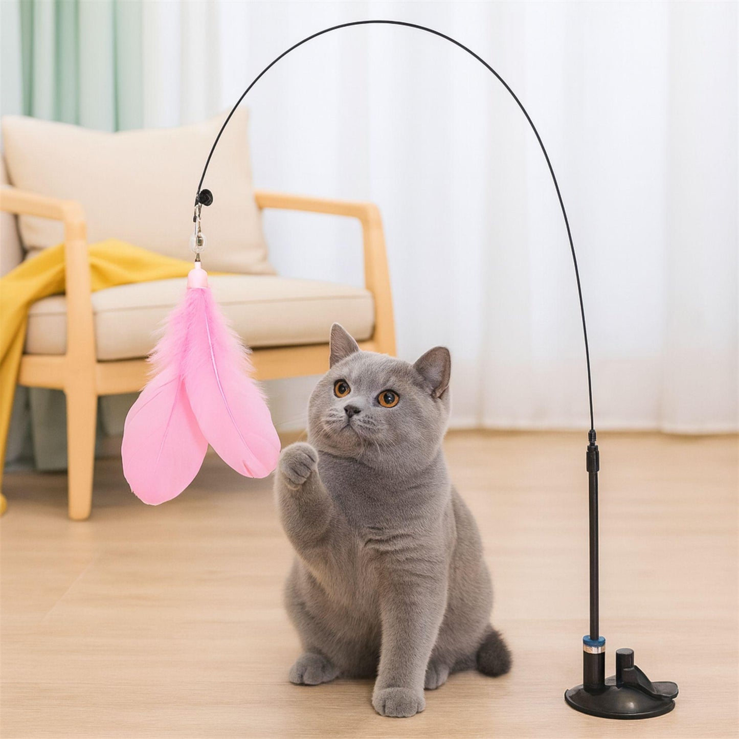 Interaktive Katzenangel mit Feder und Saugnapf – Spielzeug für Katzen zum Spielen und Jagen