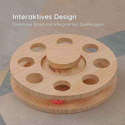 Interaktives Katzen-Holzspielzeug mit drehbarer Kratzsäule und Spielbällen – natürlich, langlebig & ideal zur Krallenpflege