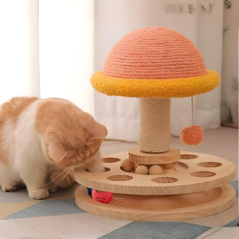 Katzen-Holzspielzeug – Drehbare Kratzsäule & Intelligenztrainer Happy Little Paws