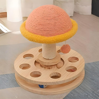 Interaktives Katzen-Holzspielzeug mit drehbarer Kratzsäule und Spielbällen – natürlich, langlebig & ideal zur Krallenpflege